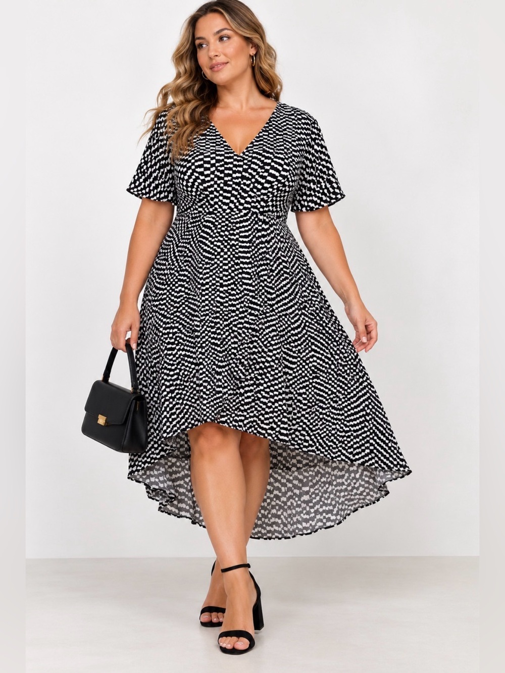 NWT Maree Pour Toi Black White Checkered High-Low Midi Dress L